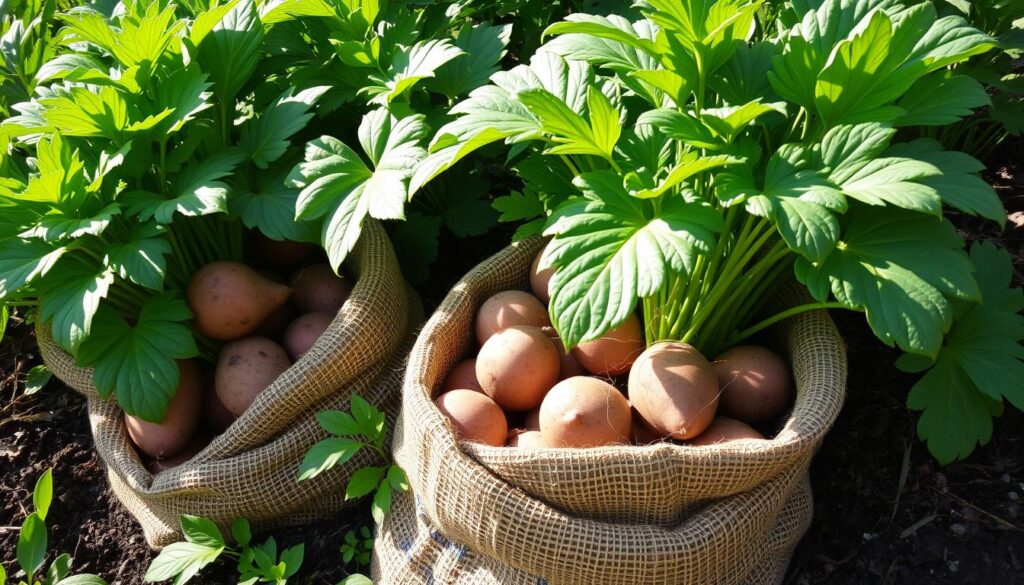 patates douces dans des sacs de terre