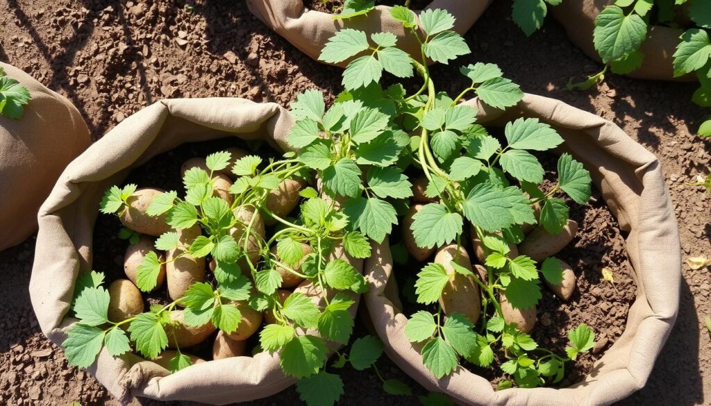 patates douces dans des sacs de terre